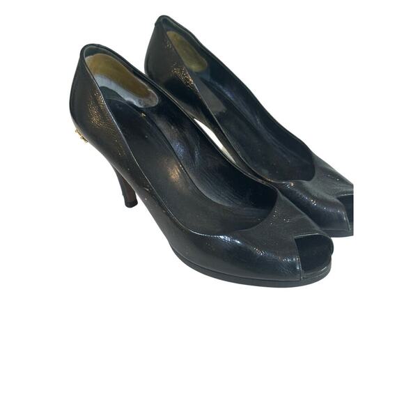 Vintage quilted Gucci Women's Black Patent Leather Peep-toe Pump Heels Size 7.5 - Picture 1 of 12